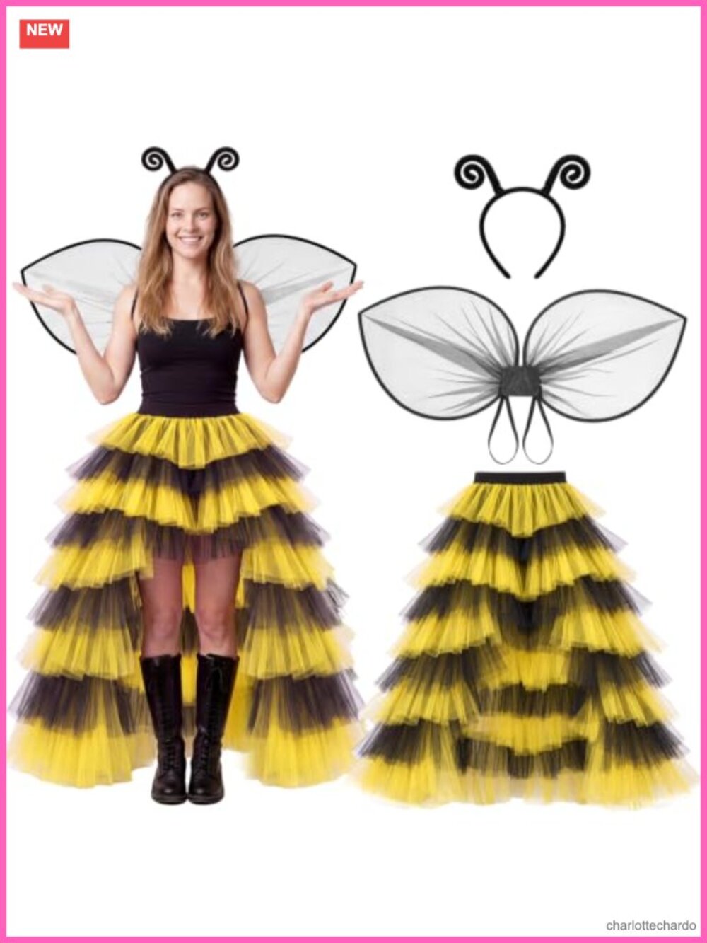 Queen Bee Costume Accessories Set 3-Piece Polyester Tulle Skirt Wings Headband